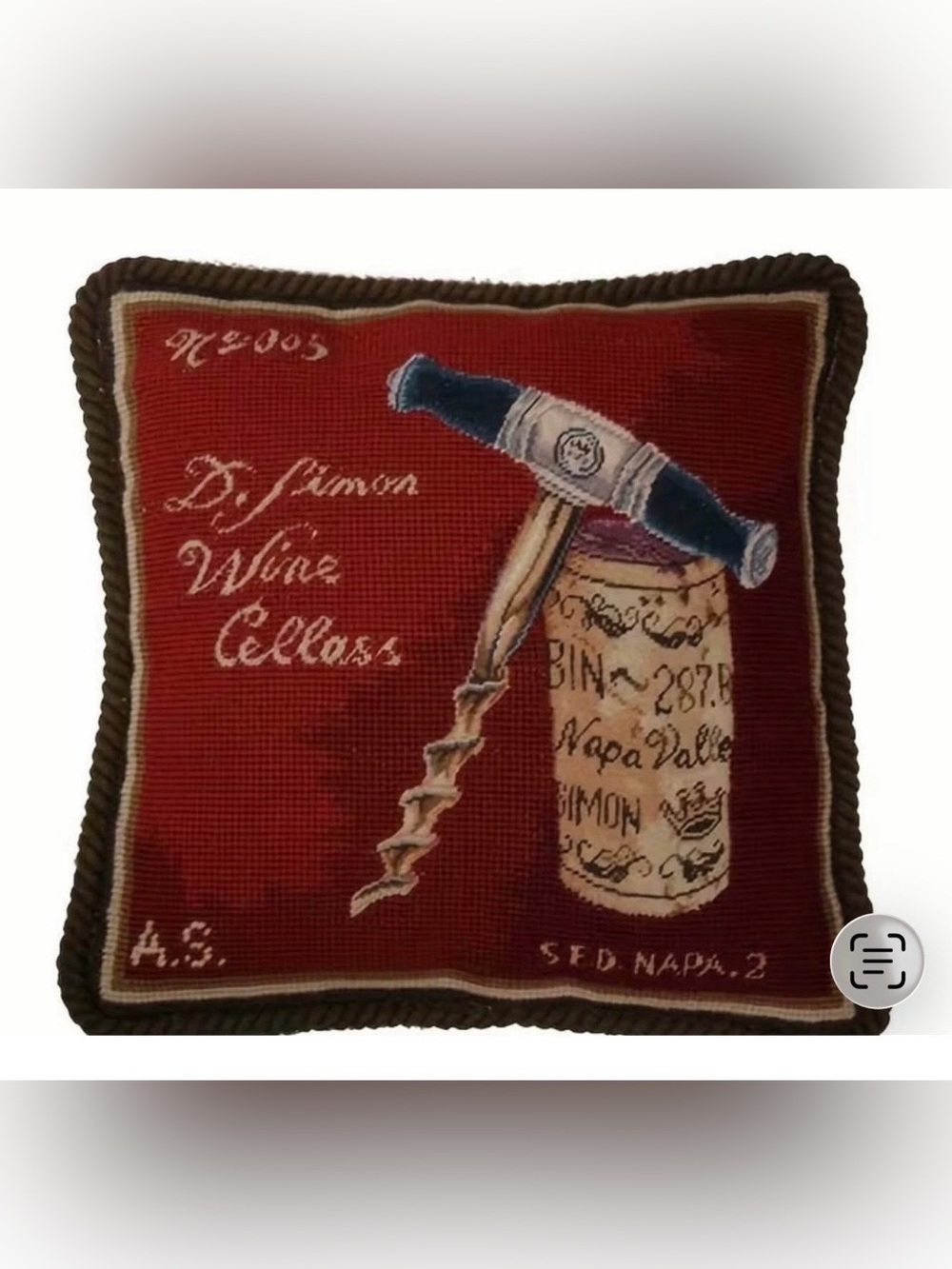 Wine Cellars Corkscrew Needlepoint Decorative Pillow - Red-12”